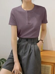DAZY Solid Button Front Rib Knit Tee Summer Preppy Tops - Dusty Purple - View 3