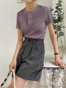 DAZY Solid Button Front Rib Knit Tee Summer Preppy Tops - Dusty Purple - View 4