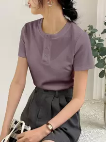 DAZY Solid Button Front Rib Knit Tee Summer Preppy Tops - Dusty Purple - View 5
