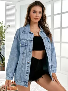 SHEIN PETITE Women's Fashionable Multi-Purpose Casual Front Button Denim Jacket, Autumn