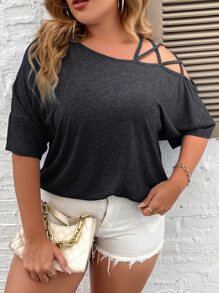 SHEIN LUNE Plus Asymmetrical Neck Batwing Sleeve Criss Cross Tee - Dark Grey - View 3