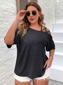 SHEIN LUNE Plus Asymmetrical Neck Batwing Sleeve Criss Cross Tee - Dark Grey - View 5
