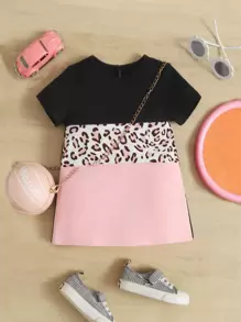 SHEIN 嬰兒豹紋印花撞色T恤連衣裙 - 彩色 - 查看 1