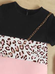 SHEIN 嬰兒豹紋印花撞色T恤連衣裙 - 彩色 - 查看 3