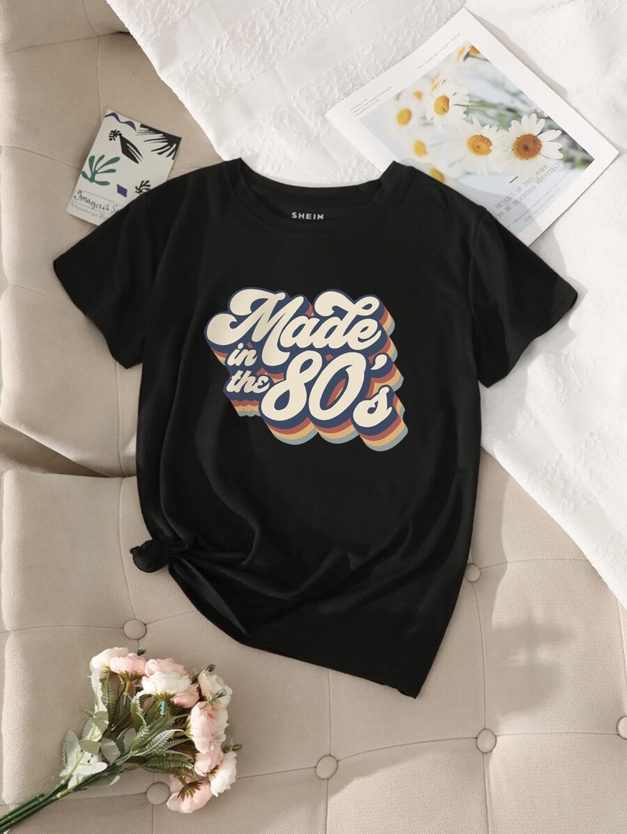 SHEIN EZwear Áo thun nữ Lá thư Giải trí - màu đen - Xem 1