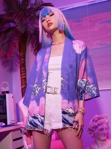 ROMWE Anime Wave Graphic Kimono - Multicolor - View 1