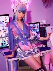 ROMWE Anime Wave Graphic Kimono - Multicolor - View 2