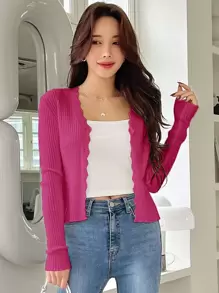 DAZY Scallop Trim Ribbed Knit Cardigan - Hot Pink - View 7