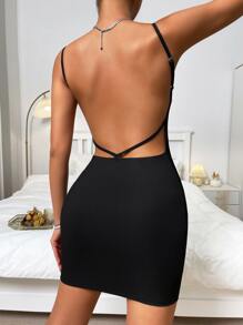 SHEIN Privé Đầm Lộ Lưng màu trơn Gợi cảm - màu đen - Xem 5