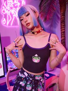 ROMWE Anime Top de tirantes con estampado de rana unido en contraste - Negro - Ver 1