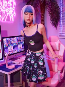 ROMWE Anime Top de tirantes con estampado de rana unido en contraste - Negro - Ver 5