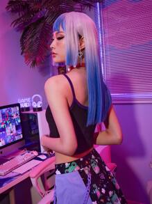 ROMWE Anime Top de tirantes con estampado de rana unido en contraste - Negro - Ver 6