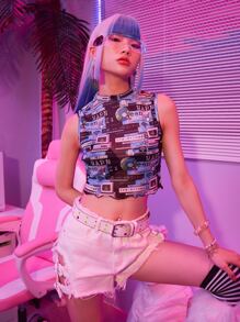 ROMWE Anime Allover Print Mesh Tank Top - Multicolor - View 2