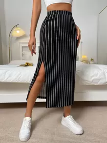 Muchica Striped Split Hem Skirt - Black - View 1