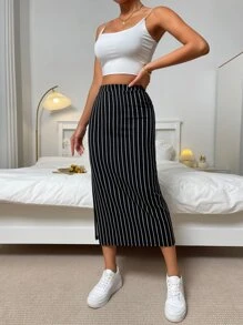 Muchica Striped Split Hem Skirt - Black - View 3