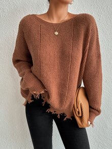 SHEIN VCAY Suéter con hombros caídos y ribete desgastado,tops de manga larga para otoño/invierno - Café integral - Ver 4