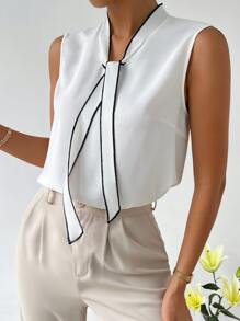 SHEIN Privé Solid Tie Neck Sleeveless Blouse - White - View 1