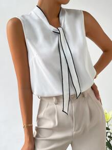 SHEIN Privé Solid Tie Neck Sleeveless Blouse - White - View 3