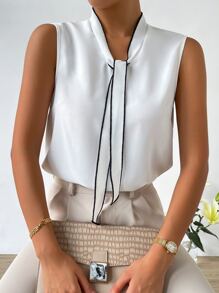 SHEIN Privé Solid Tie Neck Sleeveless Blouse - White - View 4