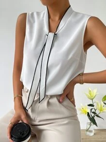 SHEIN Privé Solid Tie Neck Sleeveless Blouse - White - View 6