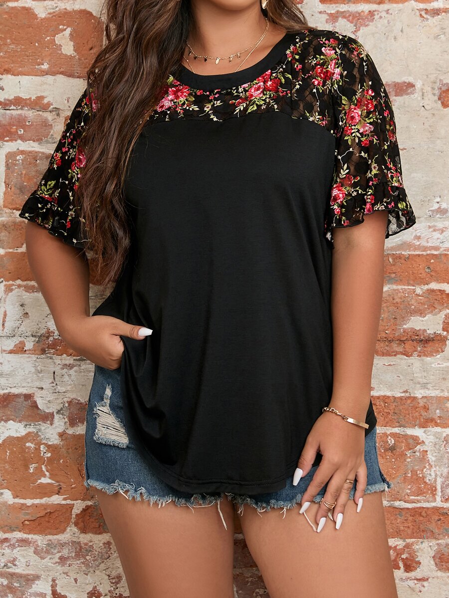 Blusa de talla grande con bordado floral, top floral para mujer