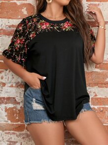 Blusa de talla grande con bordado floral, top floral para mujer