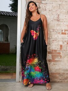 SHEIN Holidaya Vestido de tirantes con estampado de mariposa - Negro - Ver 5