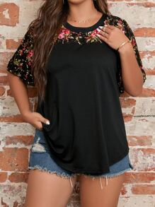 Blusa de talla grande con bordado floral, top floral para mujer