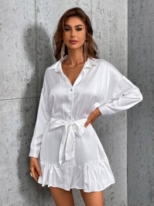 GENKIRA Đầm Thắt lưng Viên lá sen Nút phía trước màu trơn Giải trí - trắng - Xem 3