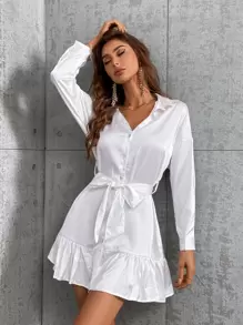 GENKIRA Đầm Thắt lưng Viên lá sen Nút phía trước màu trơn Giải trí - trắng - Xem 5