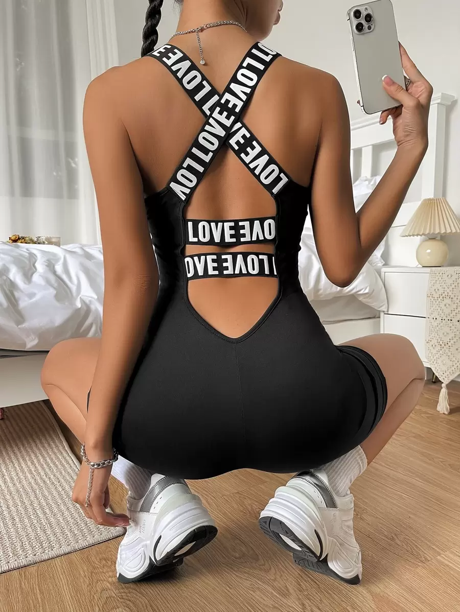 SHEIN Unity 拼接字母織帶後背十字交叉背心彈力緊身連體短褲 - 黑色 - 查看 1