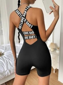 SHEIN Unity 拼接字母織帶後背十字交叉背心彈力緊身連體短褲 - 黑色 - 查看 3