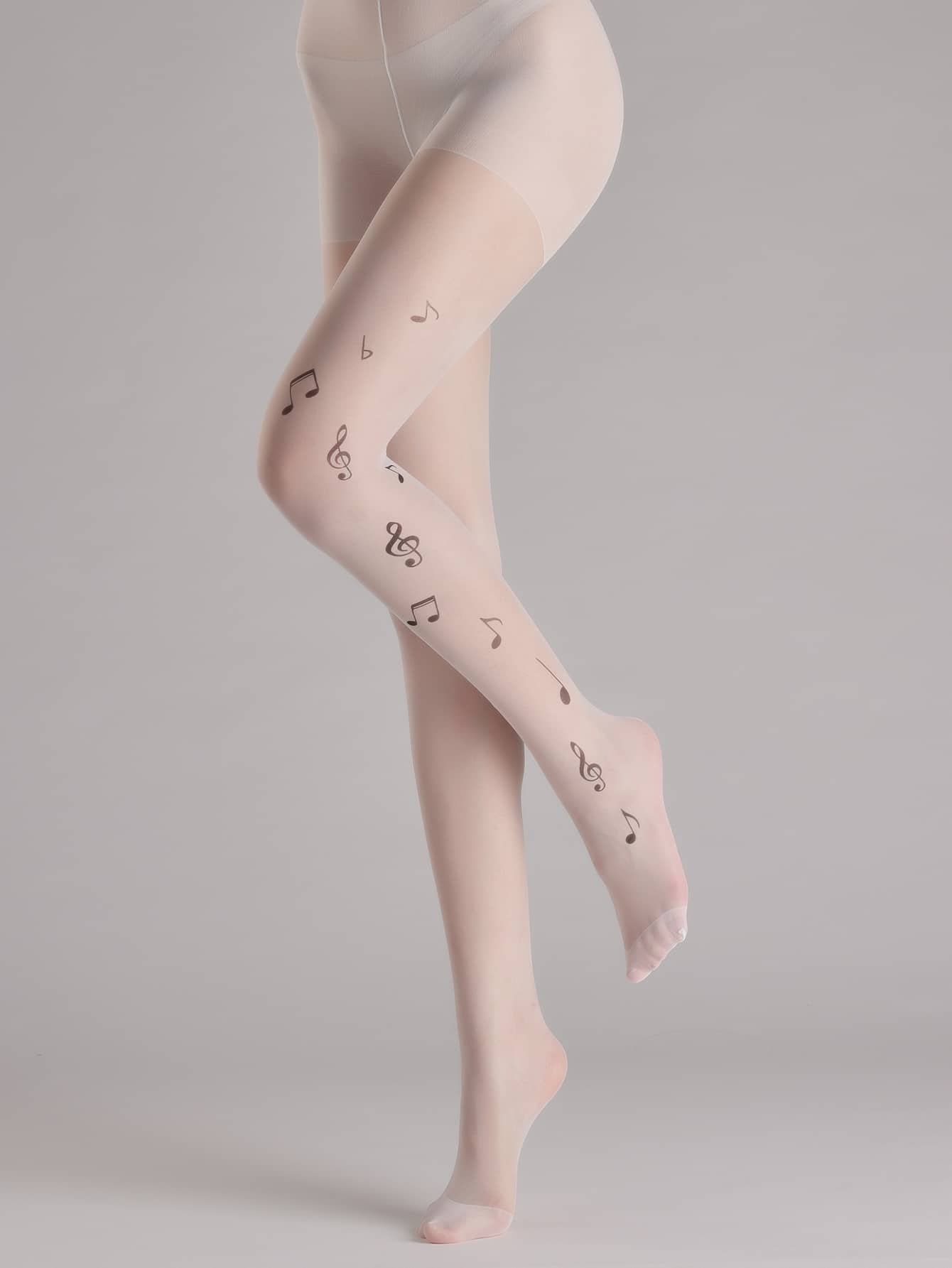 Music Note Pattern Tights - White - View 1