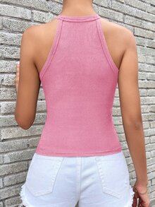 SHEIN Essnce Gold Button Detail Rib-knit Halter Top - Pink - View 2