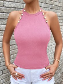SHEIN Essnce Gold Button Detail Rib-knit Halter Top - Pink - View 3
