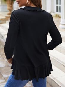 SHEIN Privé Lettuce Trim Open Front Coat - Black - View 2