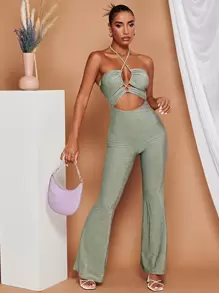 SHEIN BAE Cut Out Tie Backless Flare Leg Halter Jumpsuit - Mint Green - View 1
