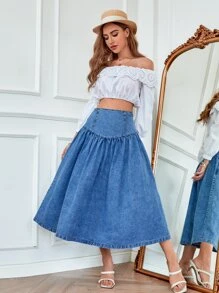 High Waist Flare Denim Skirt - Medium Wash - View 1