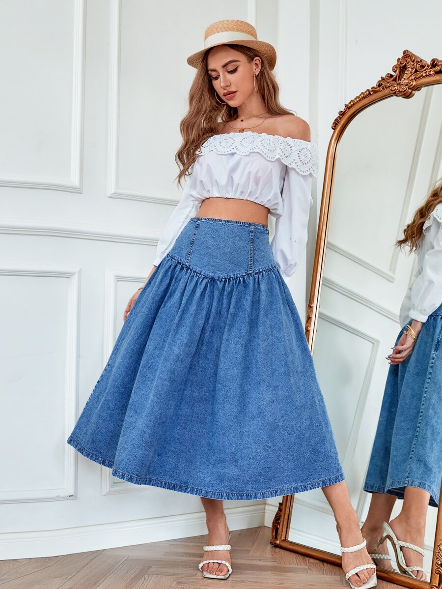 High Waist Flare Denim Skirt - Medium Wash - View 1