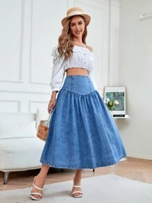 High Waist Flare Denim Skirt - Medium Wash - View 5