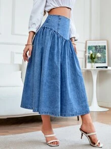 High Waist Flare Denim Skirt - Medium Wash - View 6