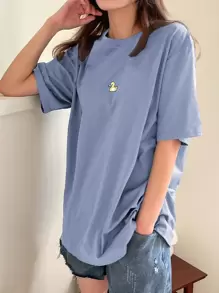 DAZY 鸭子刺绣落肩T恤夏季超大T恤 - 霧霾藍 - 查看 1