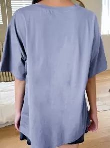 DAZY 鸭子刺绣落肩T恤夏季超大T恤 - 霧霾藍 - 查看 2
