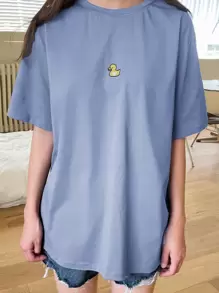 DAZY 鸭子刺绣落肩T恤夏季超大T恤 - 霧霾藍 - 查看 3