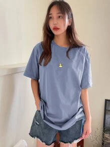 DAZY 鸭子刺绣落肩T恤夏季超大T恤 - 霧霾藍 - 查看 4