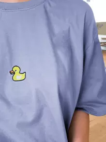 DAZY 鸭子刺绣落肩T恤夏季超大T恤 - 霧霾藍 - 查看 5
