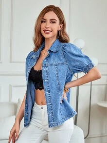 Puff Sleeve Snap Button Denim Shirt - Medium Wash - View 4