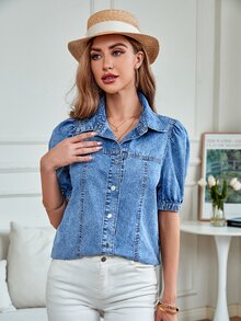 Puff Sleeve Snap Button Denim Shirt - Medium Wash - View 5