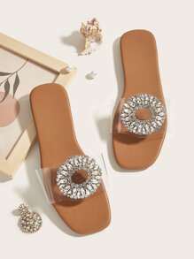 Phụ nữ Rhinestone Decor Single Clear Quai Slide Sandals, Dép đế bằng PVC ngoài trời quyến rũ - Trong sáng - Xem 1