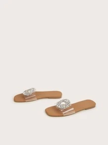 Phụ nữ Rhinestone Decor Single Clear Quai Slide Sandals, Dép đế bằng PVC ngoài trời quyến rũ - Trong sáng - Xem 2